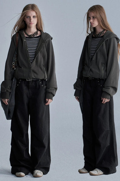 Acid-Washed Reversible Hooded Terry Jacket