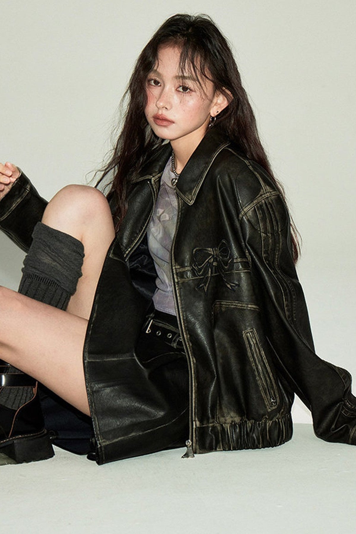 Distressed Bow Leather Jacket