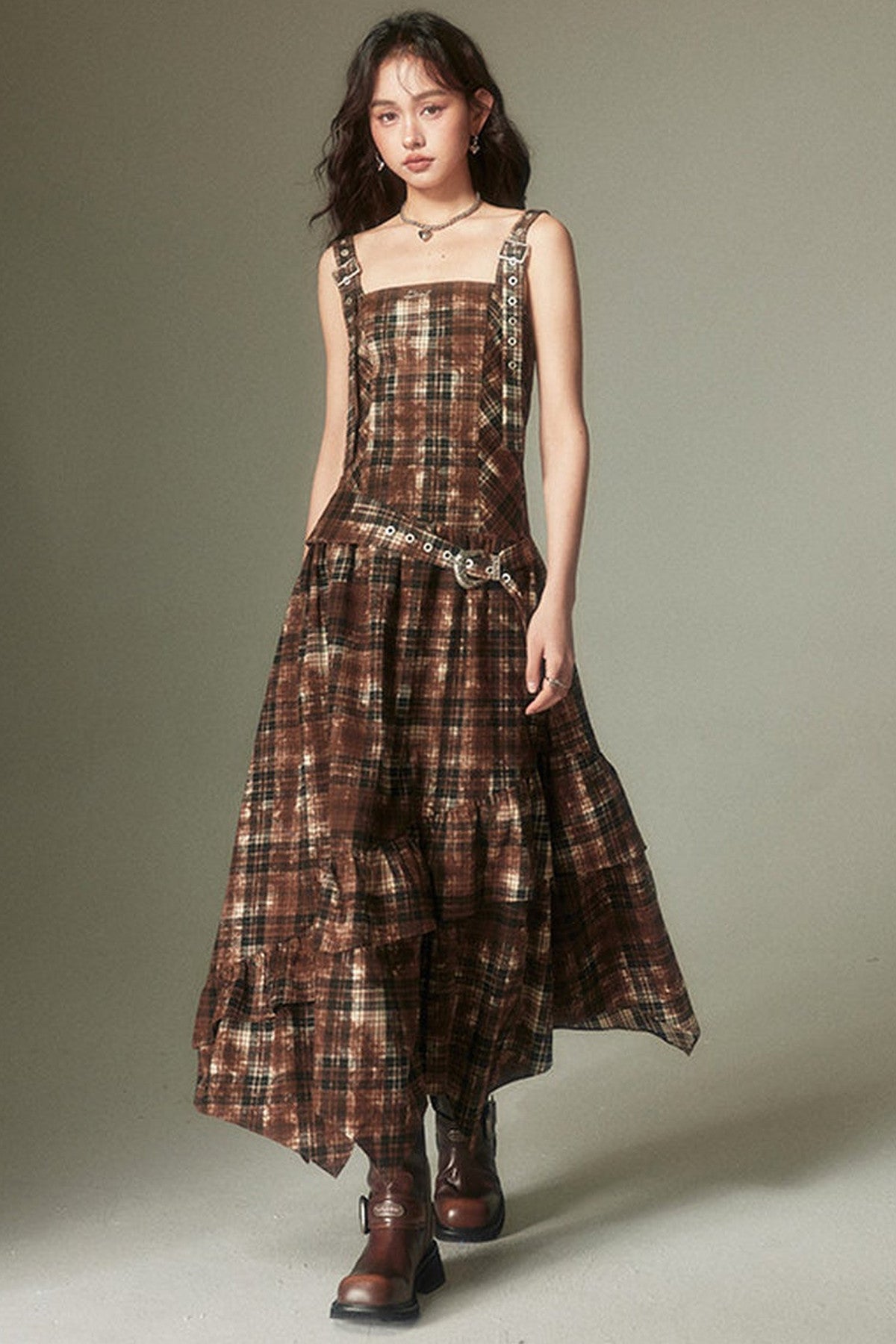 Retro Adjustable Plaid Dress