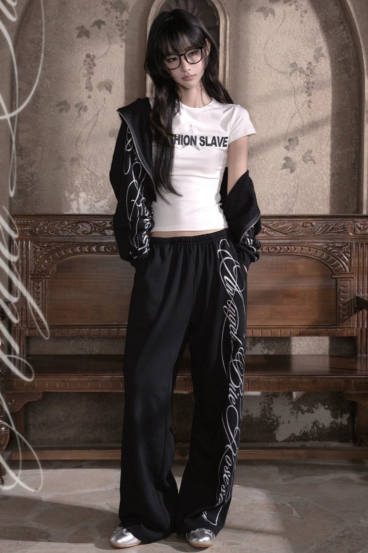 Silver Glitter Printed Loose Sweatpants
