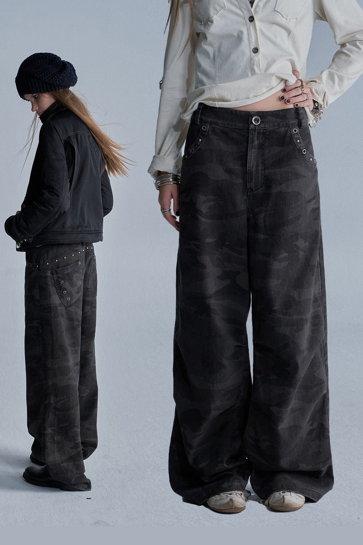 Studded Camo Wide-Leg Cargo Pants