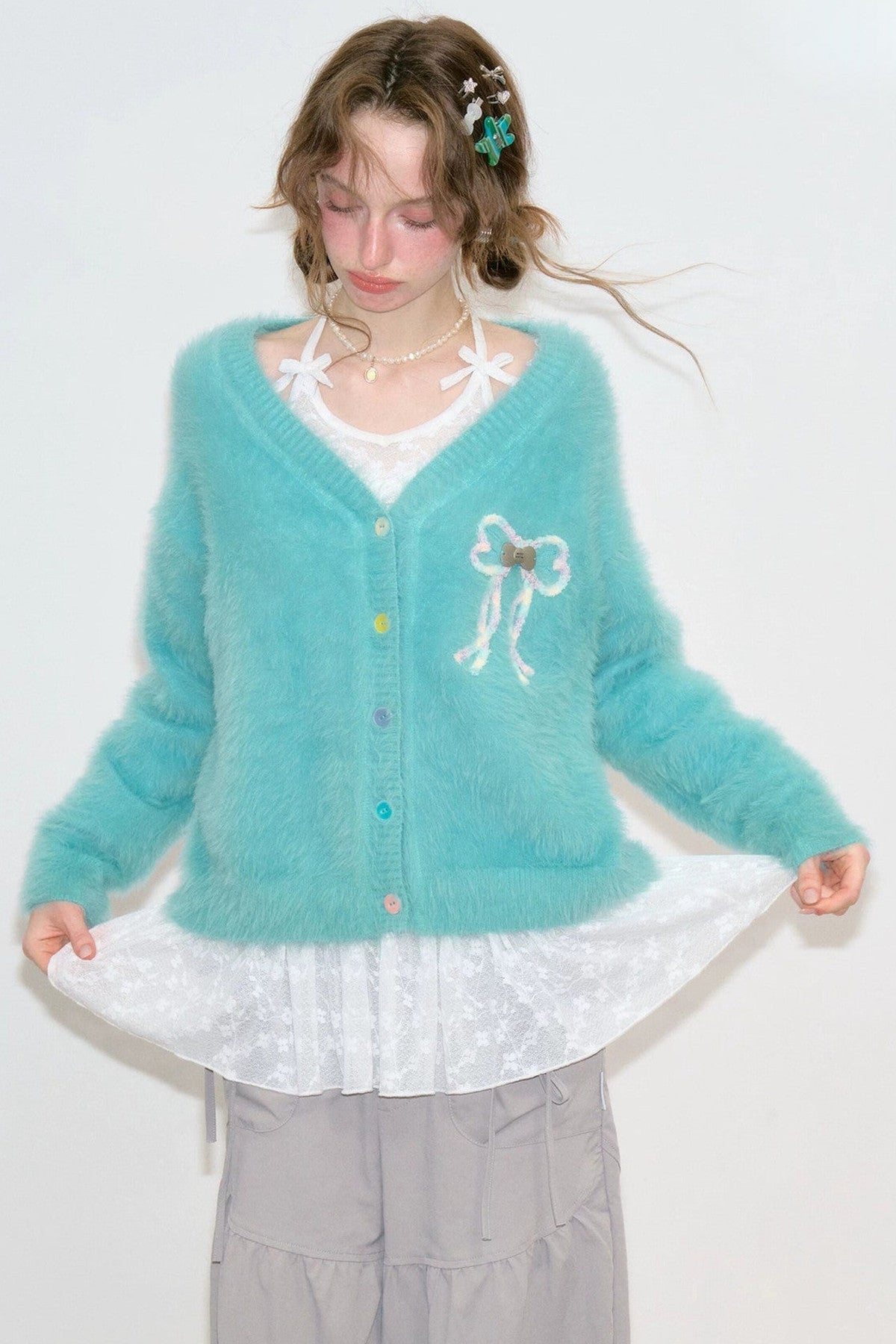 Fuzzy Bowknot Knit Cardigan
