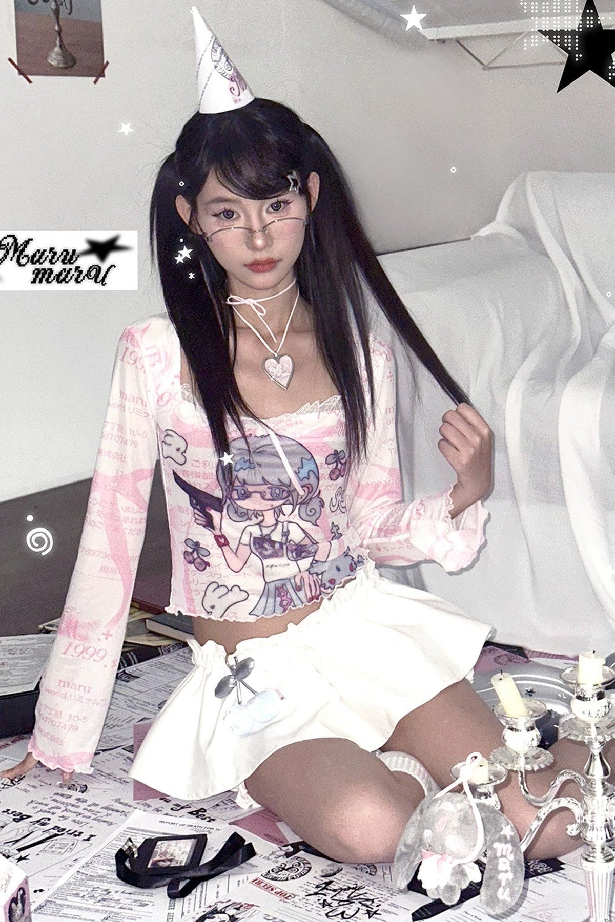 Bird Illustration Sheer Mesh Top