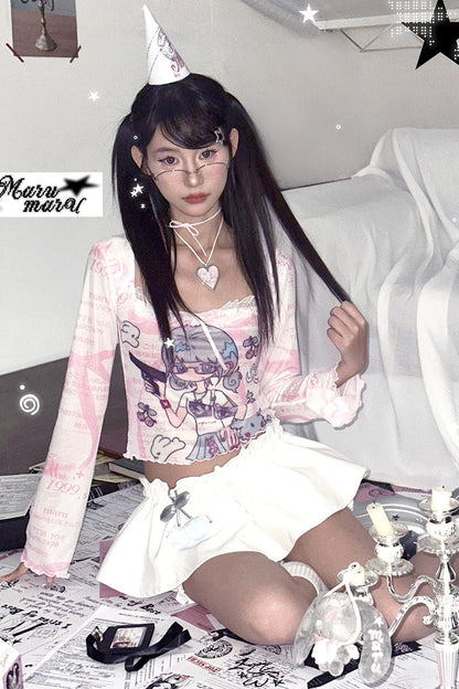 Bird Illustration Sheer Mesh Top
