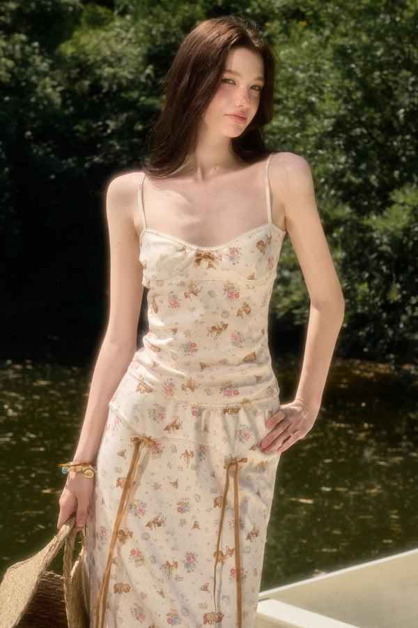Deer Print Camisole Top Skirt Set-Up