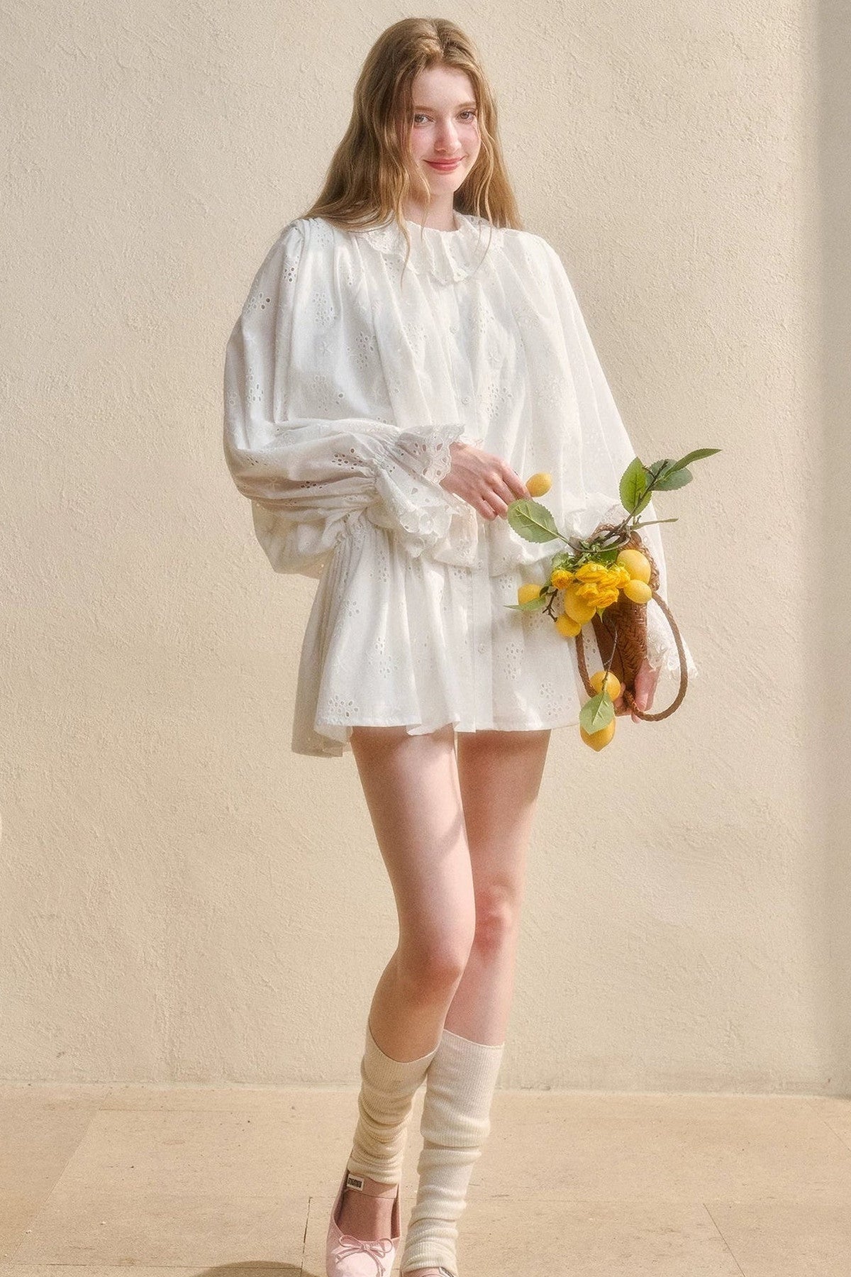 Long-Sleeved Cotton Embroidered Shirt Dress
