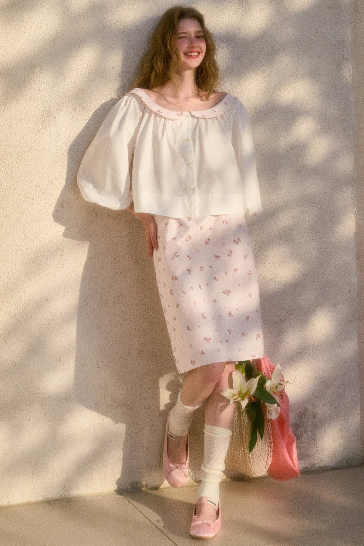 Floral Puff Sleeve Shirt and Skirt Set-Up