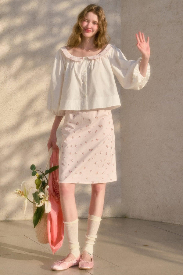 Floral Puff Sleeve Shirt and Skirt Set-Up