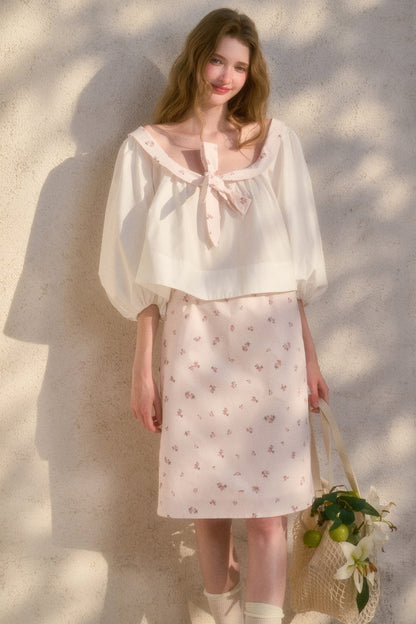 Floral Puff Sleeve Shirt and Skirt Set-Up
