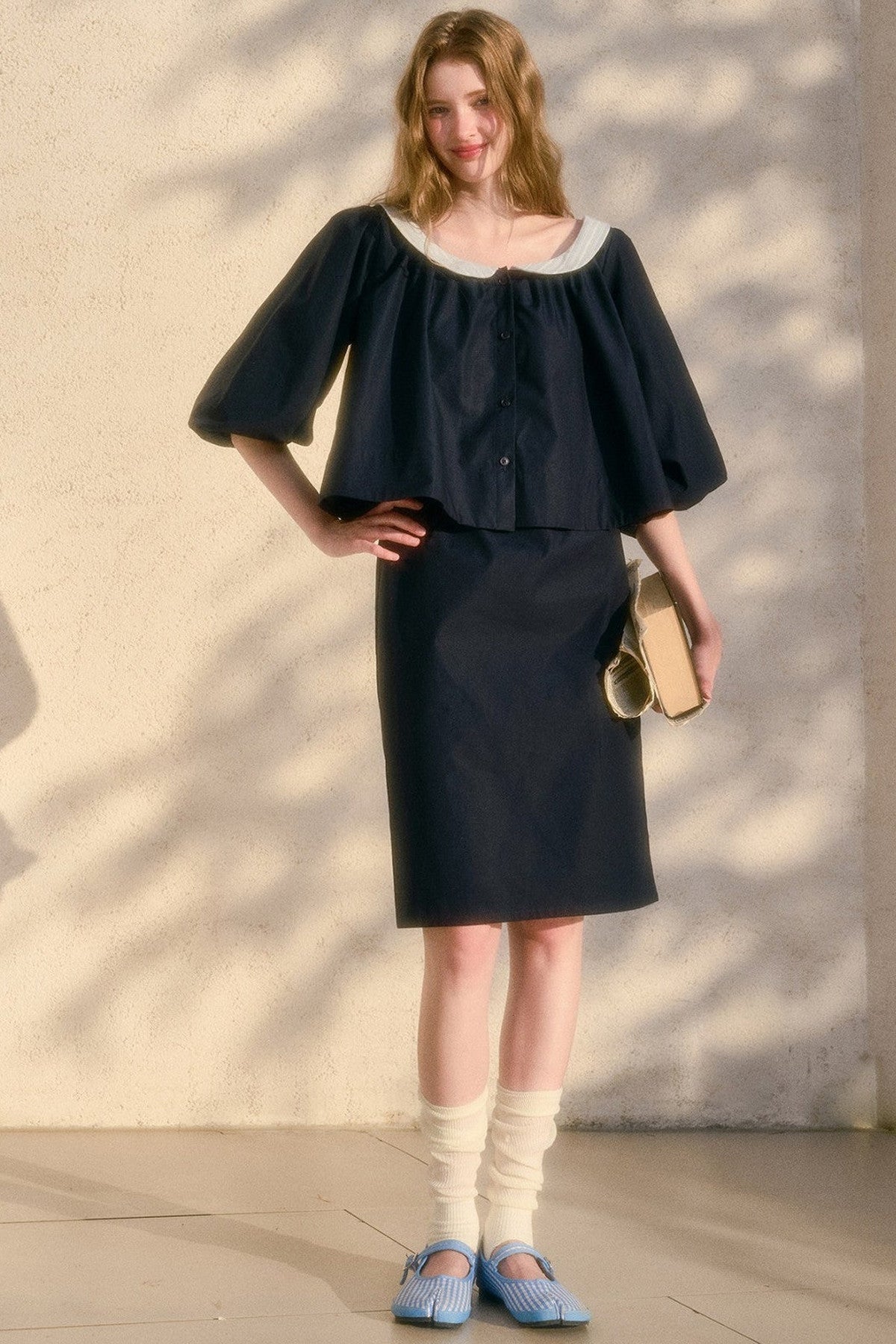 Floral Puff Sleeve Shirt and Skirt Set-Up