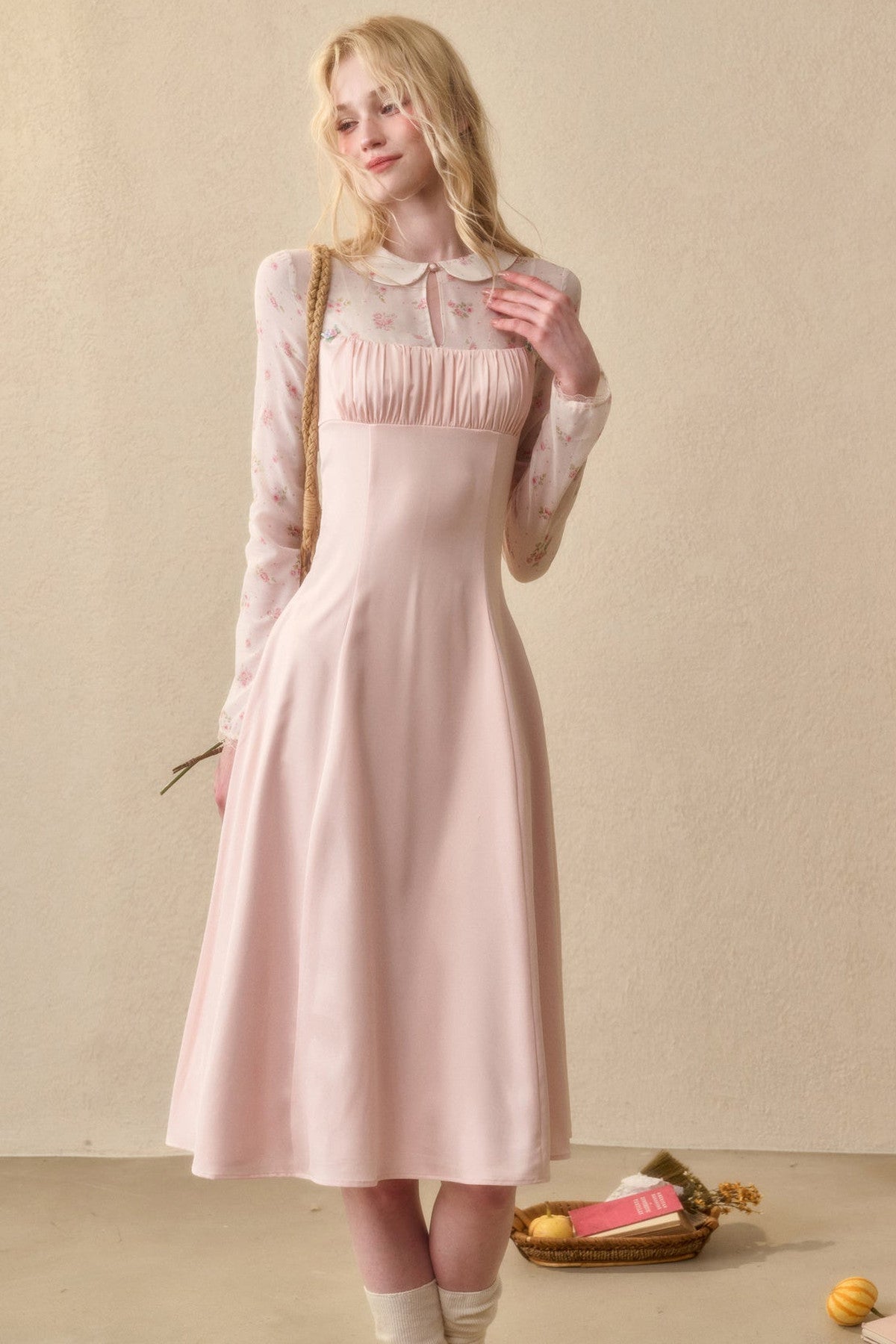 Peach Floral Satin Tencel Dress Set-Up