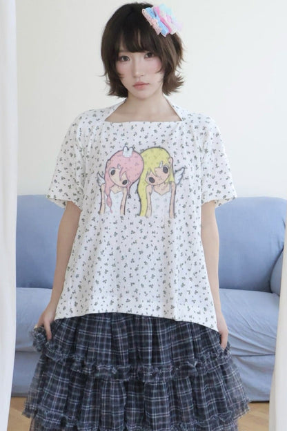 Haut ample en coton à épaules tombantes avec illustration