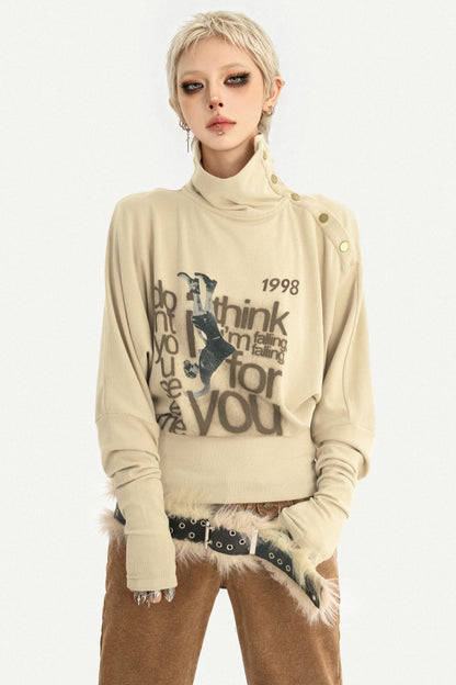 高領字母印花Long sleeveT恤