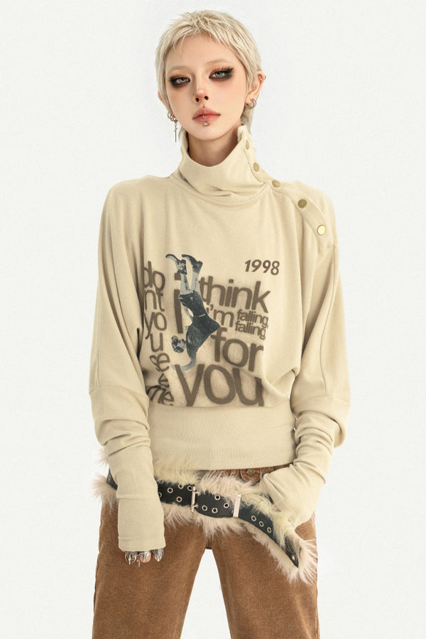 High-Neck Letter Print Long-Sleeve T-Shirt