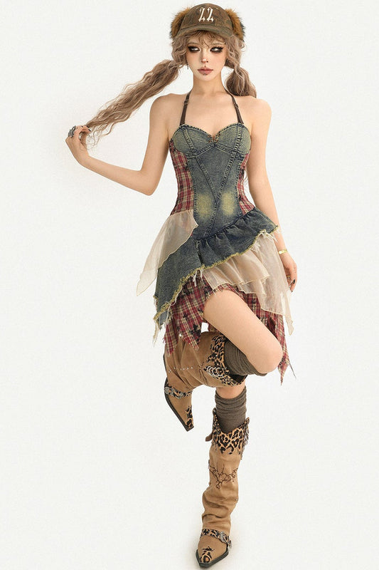Denim Plaid Halter Tube Dress