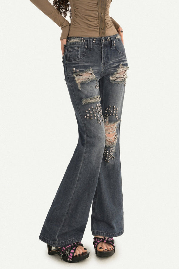 Studded Ripped Straight Jeans