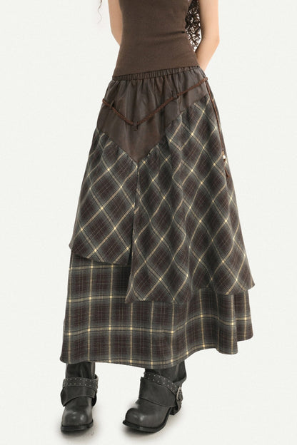 Asymmetrical Plaid Drawstring Skirt