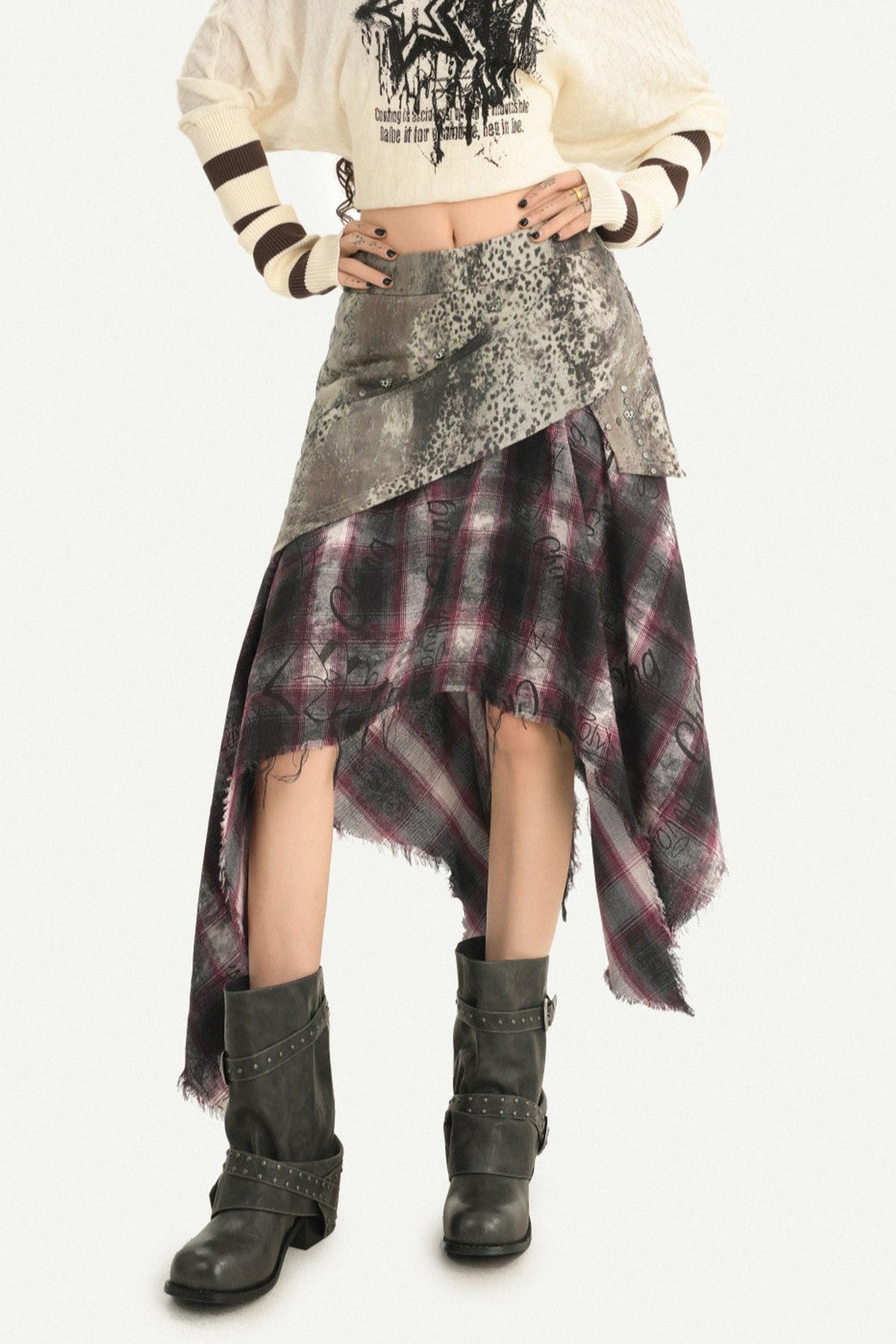 Faded Plaid Patchwork Midi Skirt