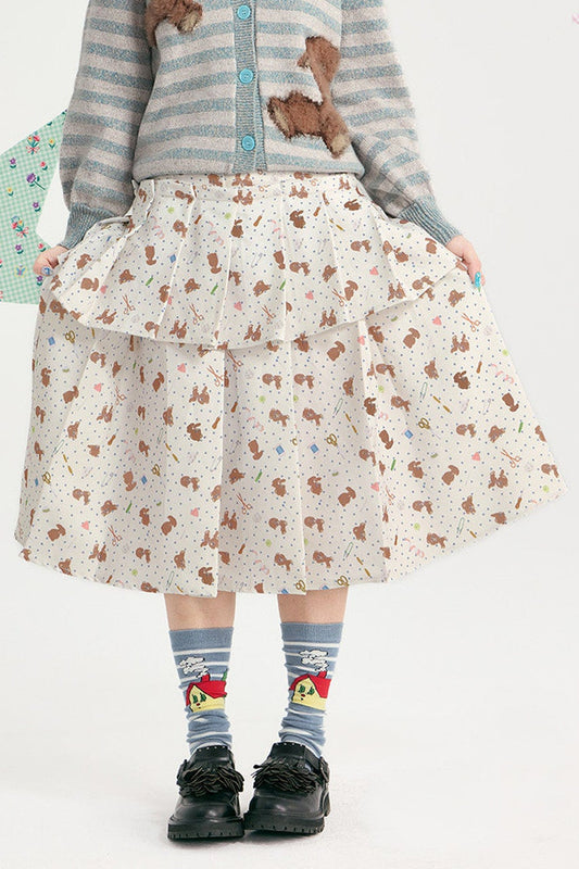 Loose Bear Floral Pleated Skirt