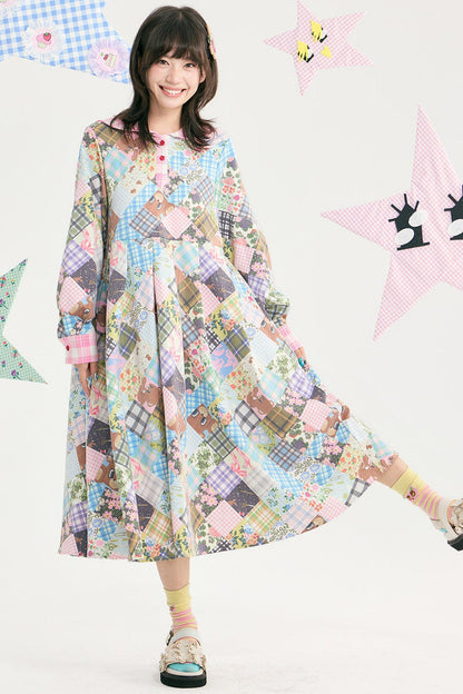 Bear Floral Patchwork Long Sleeve Dress