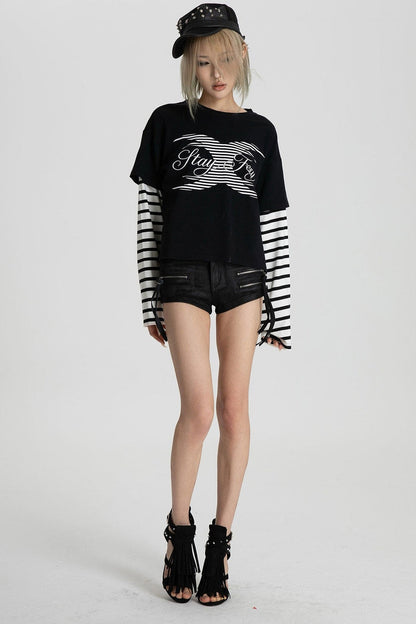 Black White Stripe Layered-Look T-Shirt