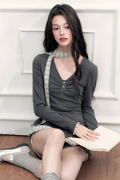 Plaid V-Neck Top and Shorts Set-Up