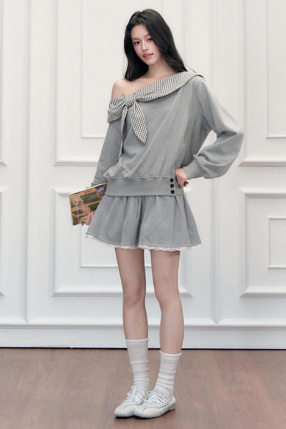 Off-Shoulder Plaid Patchwork Sweatshirt Skirt Set-Up