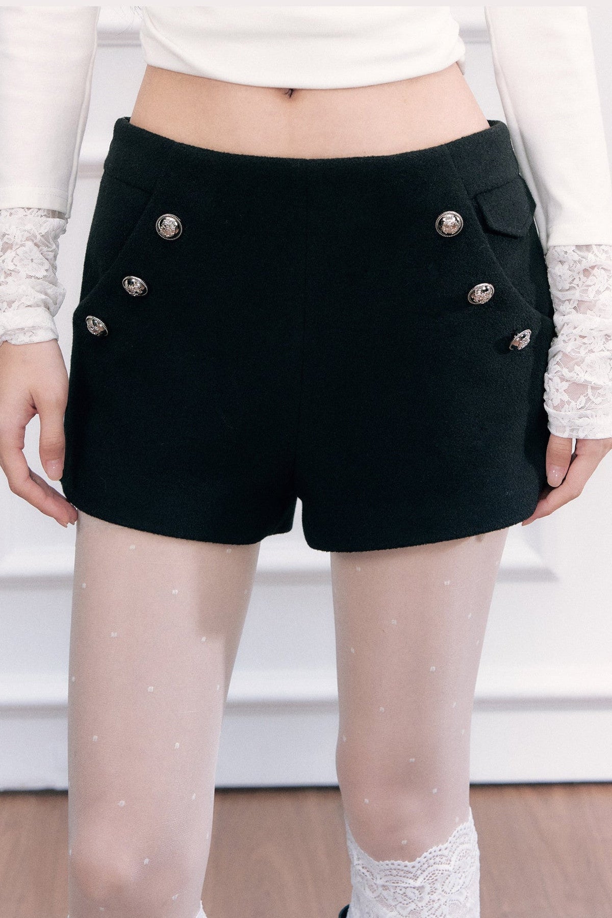 Black Woolen Double-Breasted A-Line Shorts