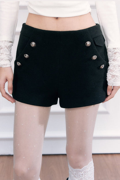 Black Woolen Double-Breasted A-Line Shorts