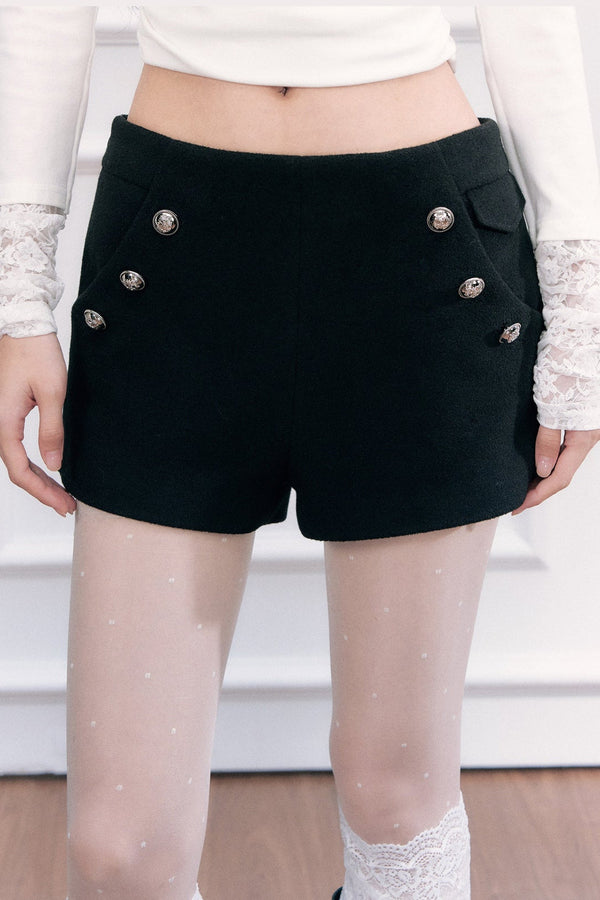 Black Woolen Double-Breasted A-Line Shorts