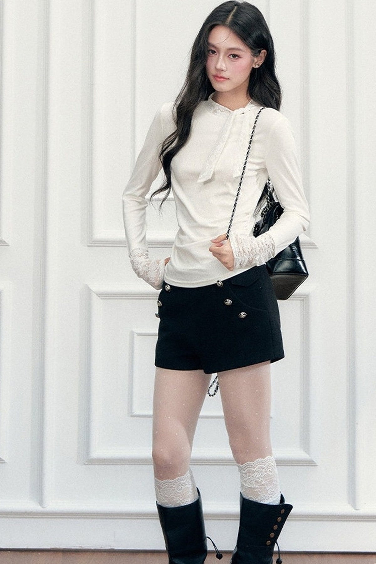 Black Woolen Double-Breasted A-Line Shorts