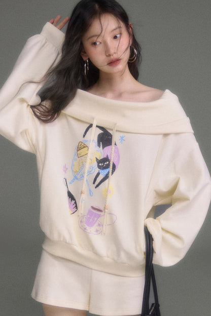 Cat Print Hooded Off-Shoulder Sweatshirt Shorts Set-Up