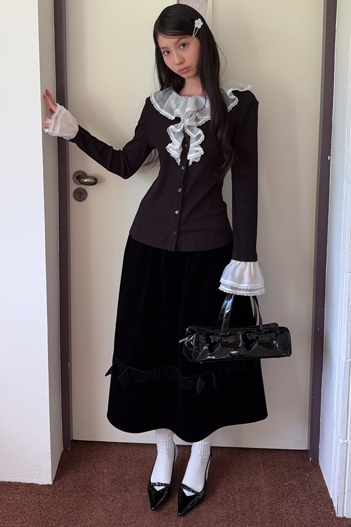 Lace Patchwork Ruffle Sleeve Cardigan