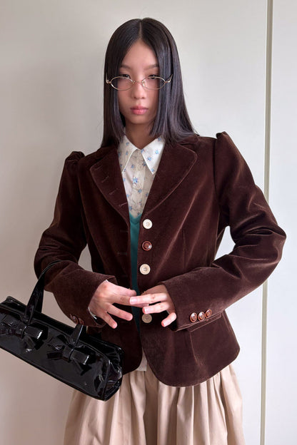 Brown Notch Lapel Puff Sleeve Blazer