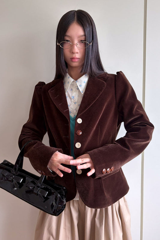 Brown Notch Lapel Puff Sleeve Blazer