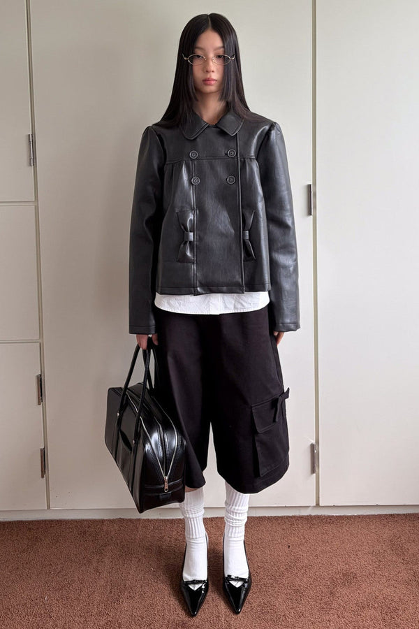 Double-Breasted Bow Pocket Leather Jacket