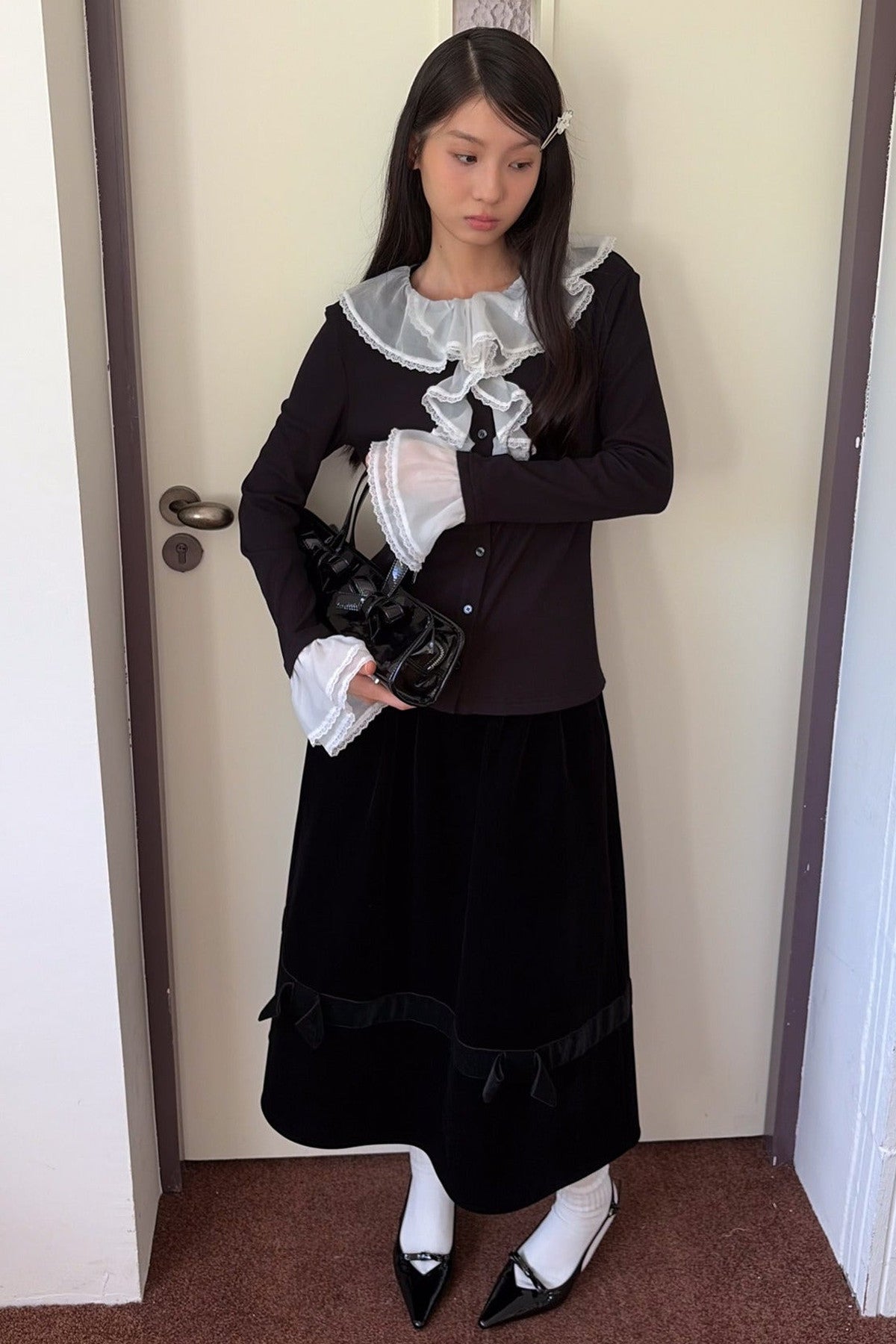 Black Velvet Bow Tie Midi Skirt