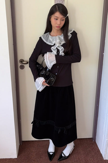 Black Velvet Bow Tie Midi Skirt