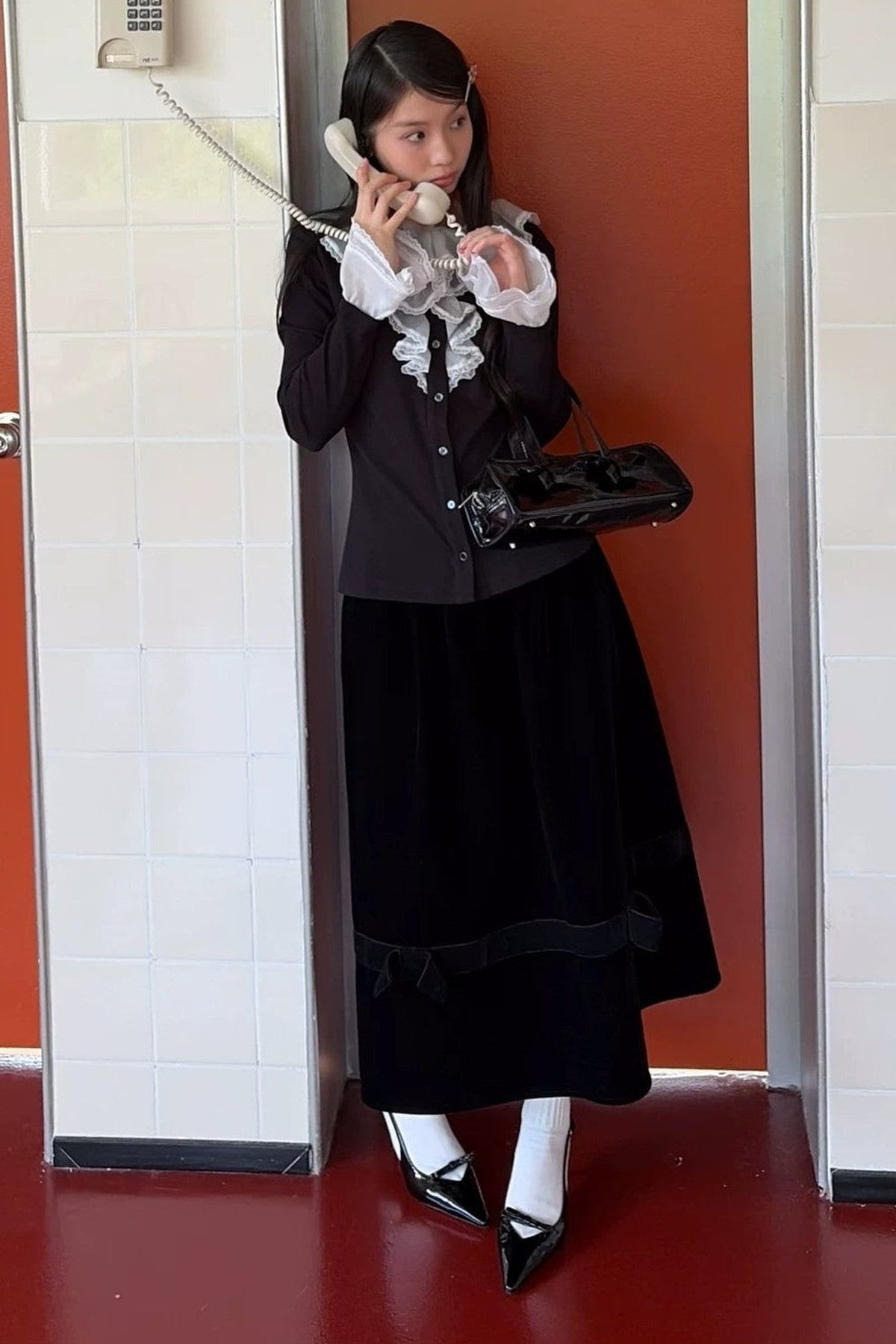 Black Velvet Bow Tie Midi Skirt