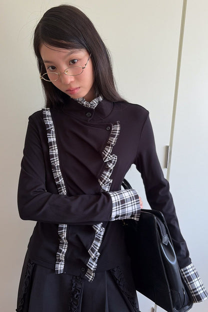 Plaid Ruffle Mock Collar Shirt