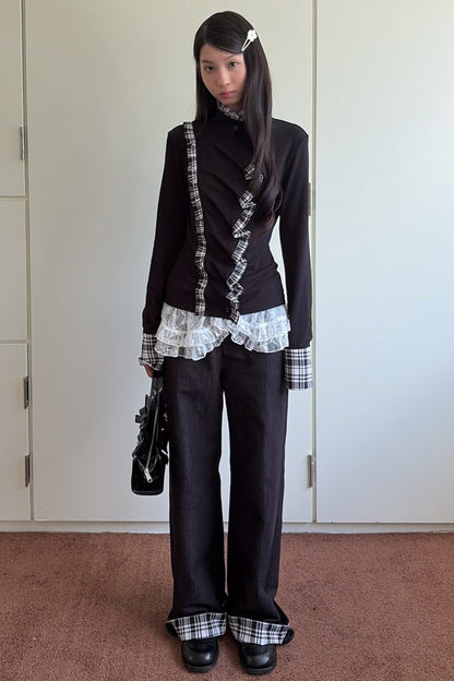 Plaid Ruffle Mock Collar Shirt