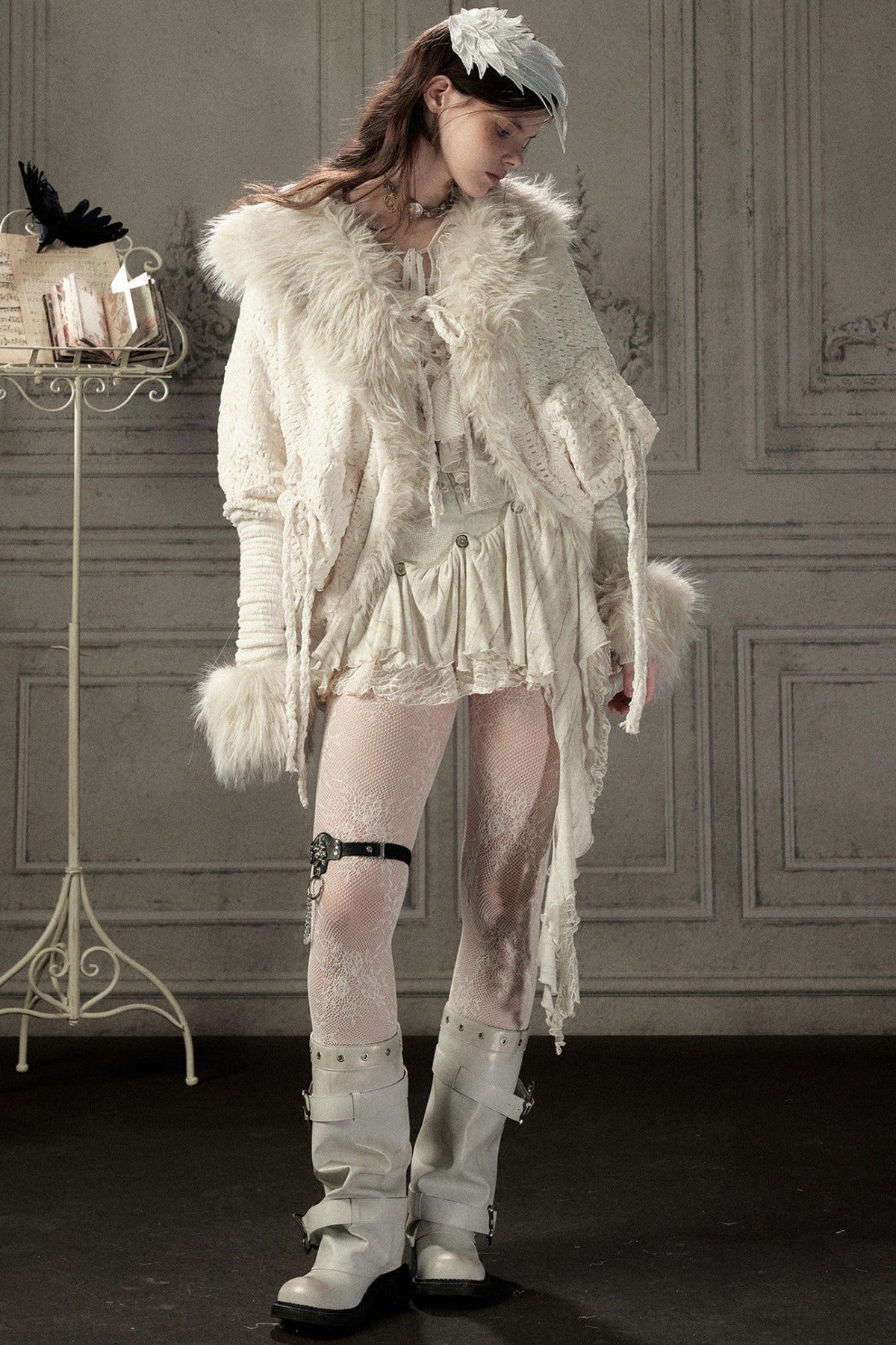 Beige Fur Collar Batwing Knit Jacket