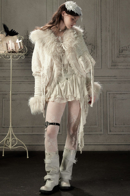 Beige Fur Collar Batwing Knit Jacket