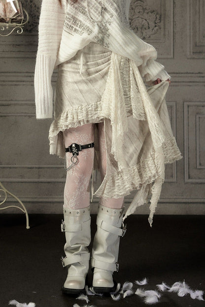 Beige Asymmetrical Lace Spliced Skirt