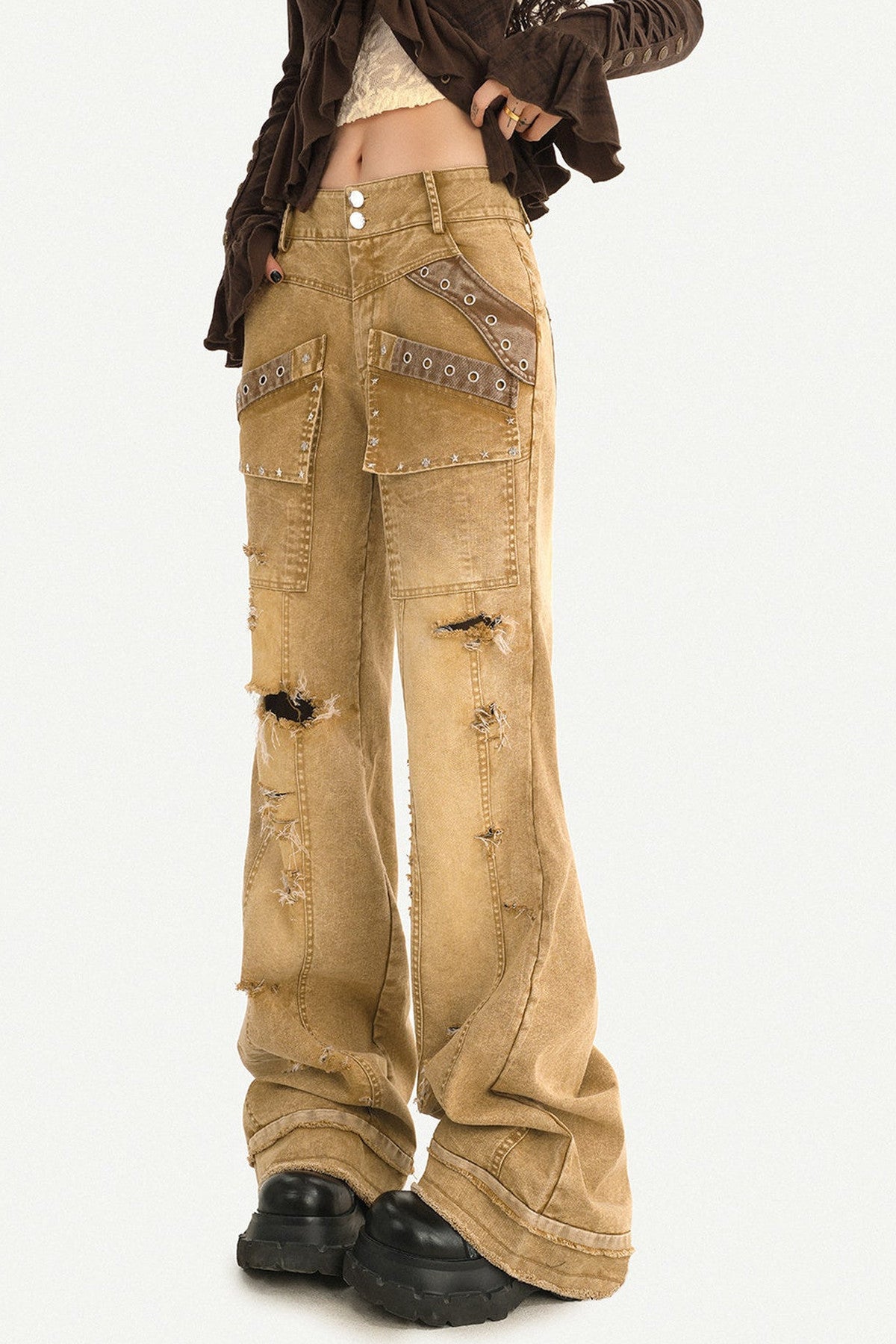 Low-Waisted Ripped Wide-Leg Jeans
