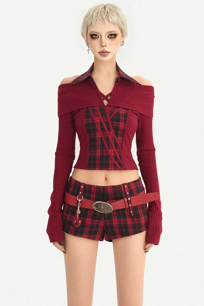 Red Black Off-Shoulder Knit Top and Shorts Set-Up