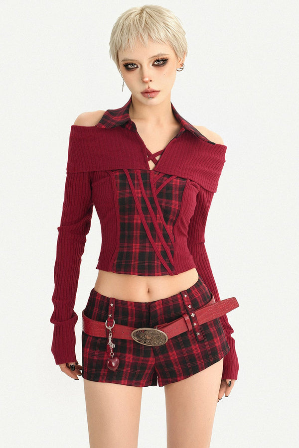 Red Black Off-Shoulder Knit Top and Shorts Set-Up