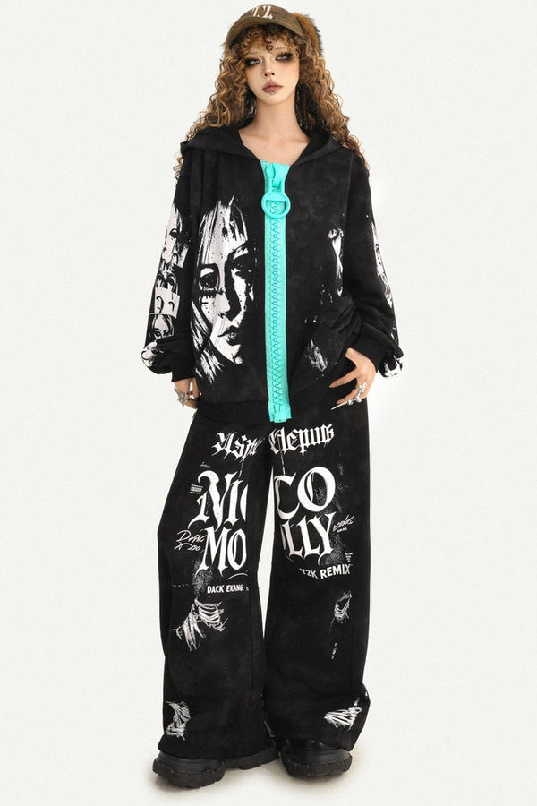 Loose Zip Hoodie Jacket and Sweatpants Set-Up