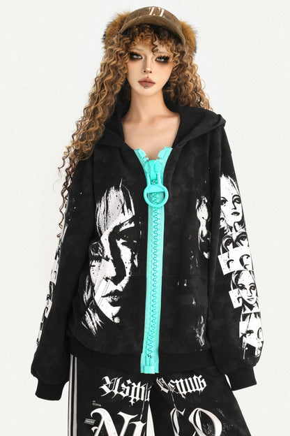 Loose Zip Hoodie Jacket and Sweatpants Set-Up
