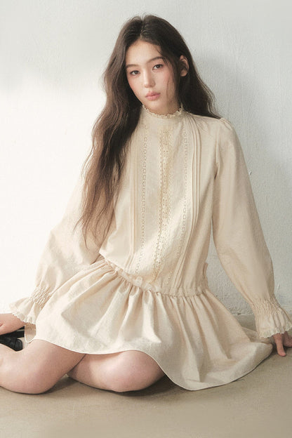 Lace High Collar Ruffle Dress